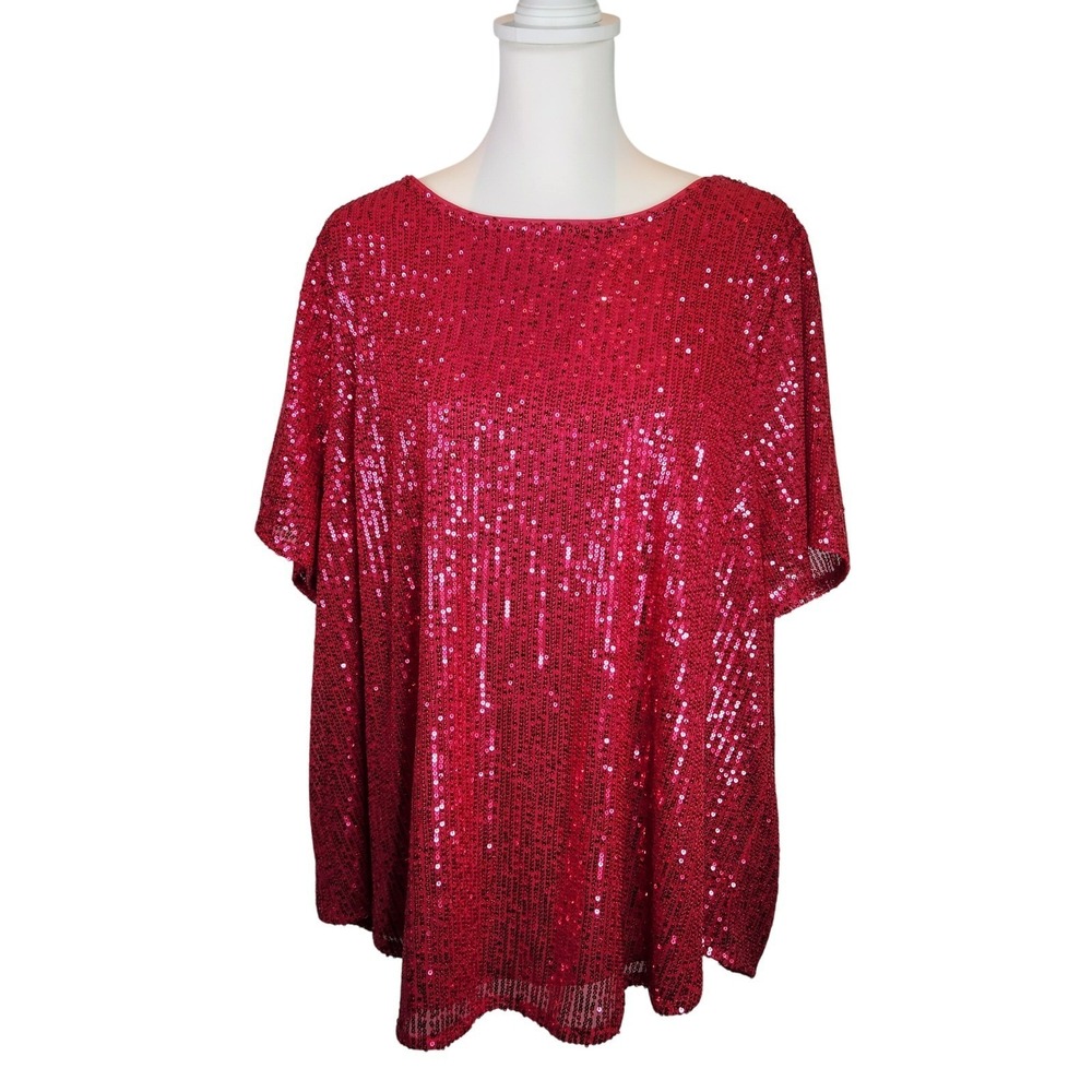 Torrid Hot Pink Sequin Short Sleeve Keyhole Back Blouse Plus Size 1 1X Glam - Picture 2 of 8